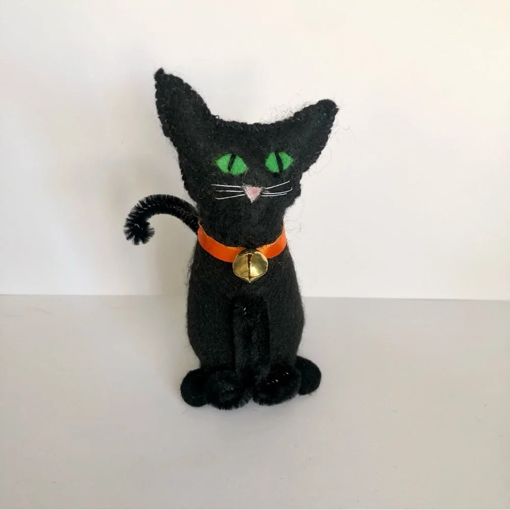 Black Cat Felt art doll hand-sewn handmade Orange ribbon bell
